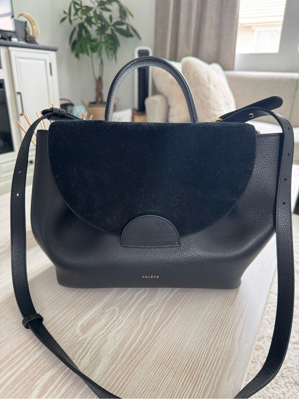 Polene Black Leather Satchel with Suede Flap and Tri color. Price for two!